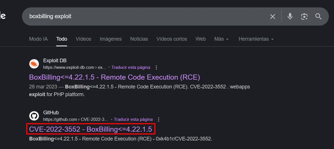 Búsqueda de boxbilling exploit: la entrada de Exploit-DB BoxBilling 4.22.1.5 RCE y el repositorio de GitHub 0xk4b1r/CVE-2022-3552