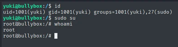 id muestra groups=1001(yuki),27(sudo); sudo su devuelve una shell de root