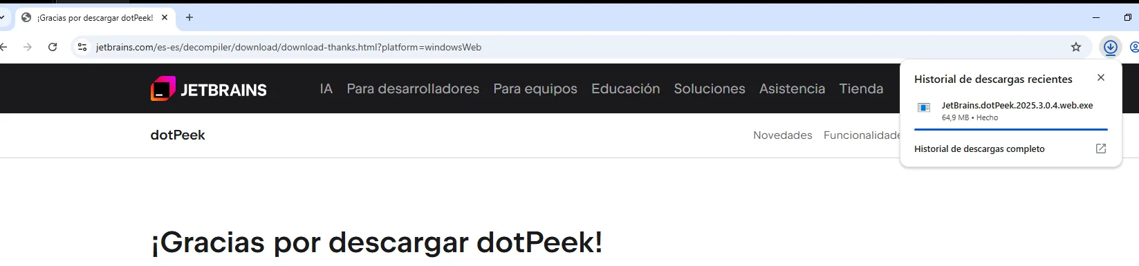 la página de descarga de dotPeek en jetbrains.com con el instalador JetBrains.dotPeek.2025.3.0.4.web.exe de 64,9 MB ya descargado