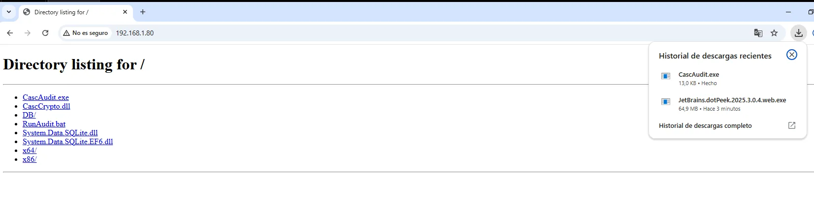 el listado de directorio del http.server visto desde la Windows, con CascAudit.exe, CascCrypto.dll, DB, RunAudit.bat y las DLL de SQLite, y CascAudit.exe ya descargado
