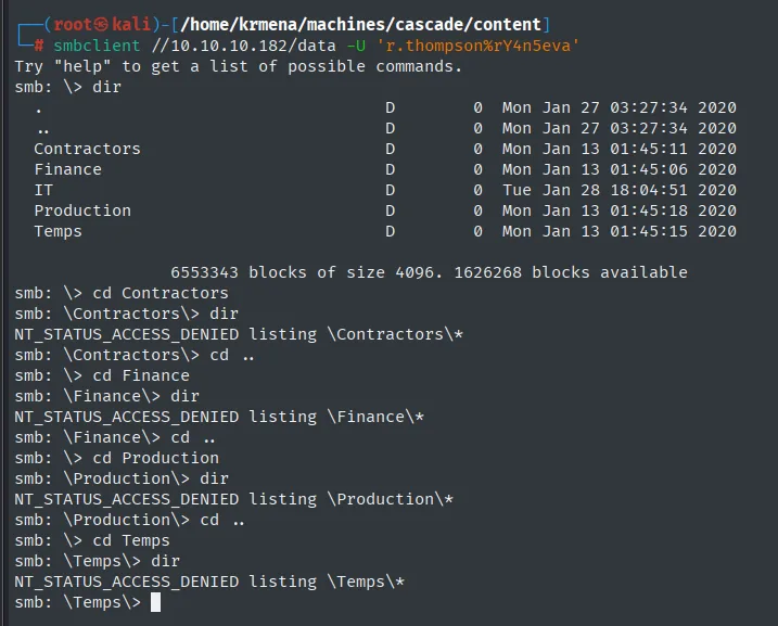 Cuatro de las cinco carpetas de Data devuelven NT_STATUS_ACCESS_DENIED