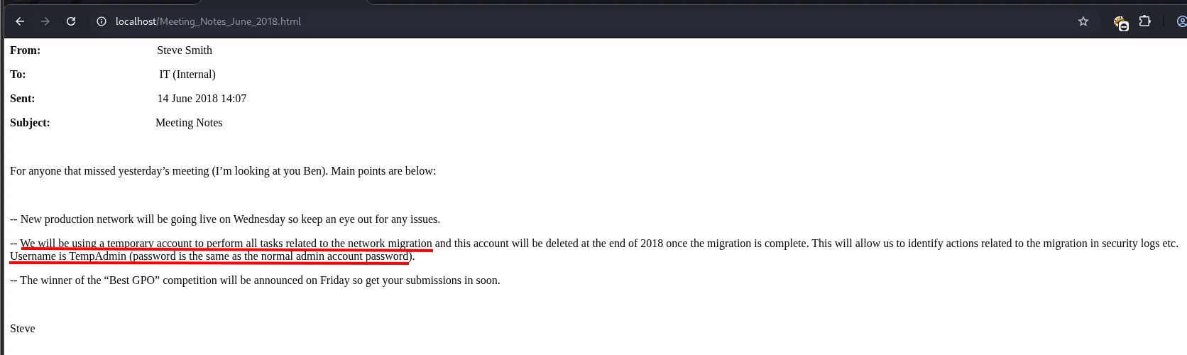 Email que revela la cuenta TempAdmin con la contraseña del Administrator