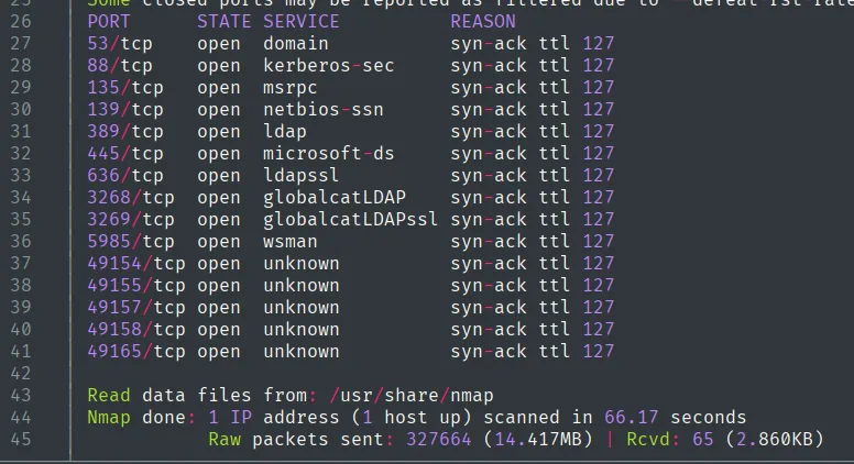 Puertos abiertos con la columna REASON y ttl 127