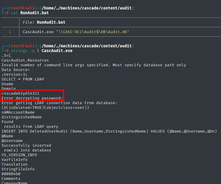 strings de CascAudit.exe revela la clave c4scadek3y654321