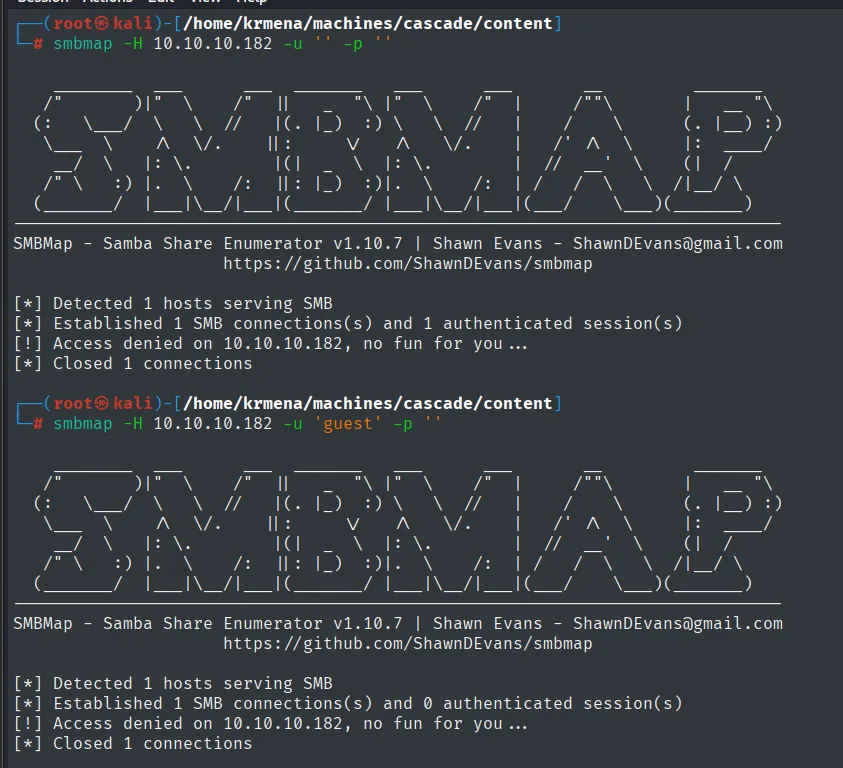 smbmap deniega el acceso con sesión nula y con guest