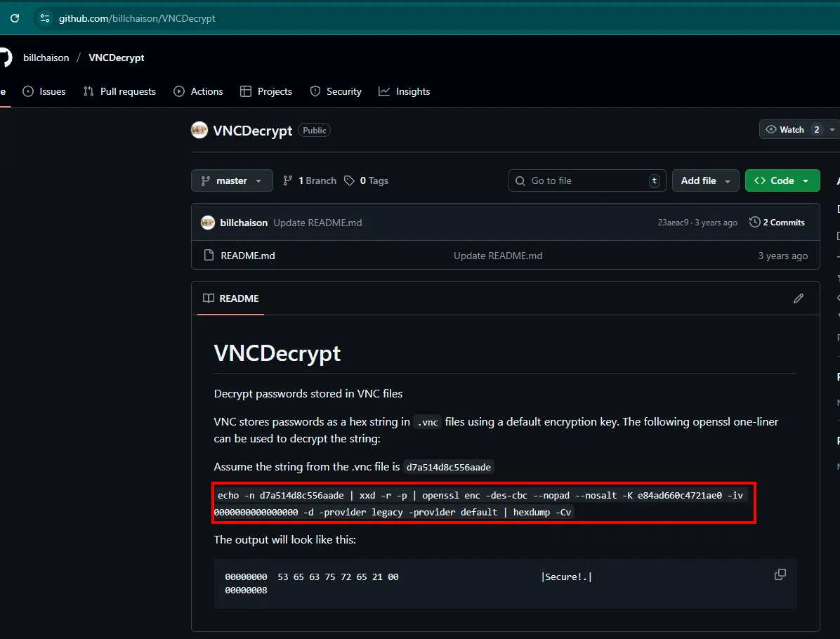 README de VNCDecrypt con la clave fija e84ad660c4721ae0