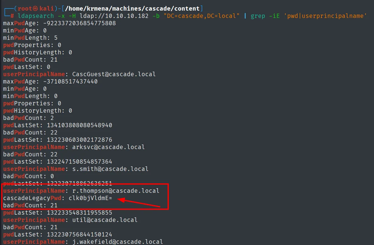 ldapsearch filtra el atributo cascadeLegacyPwd de r.thompson