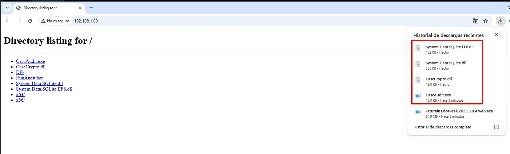 Los binarios descargados en la máquina Windows desde el servidor HTTP