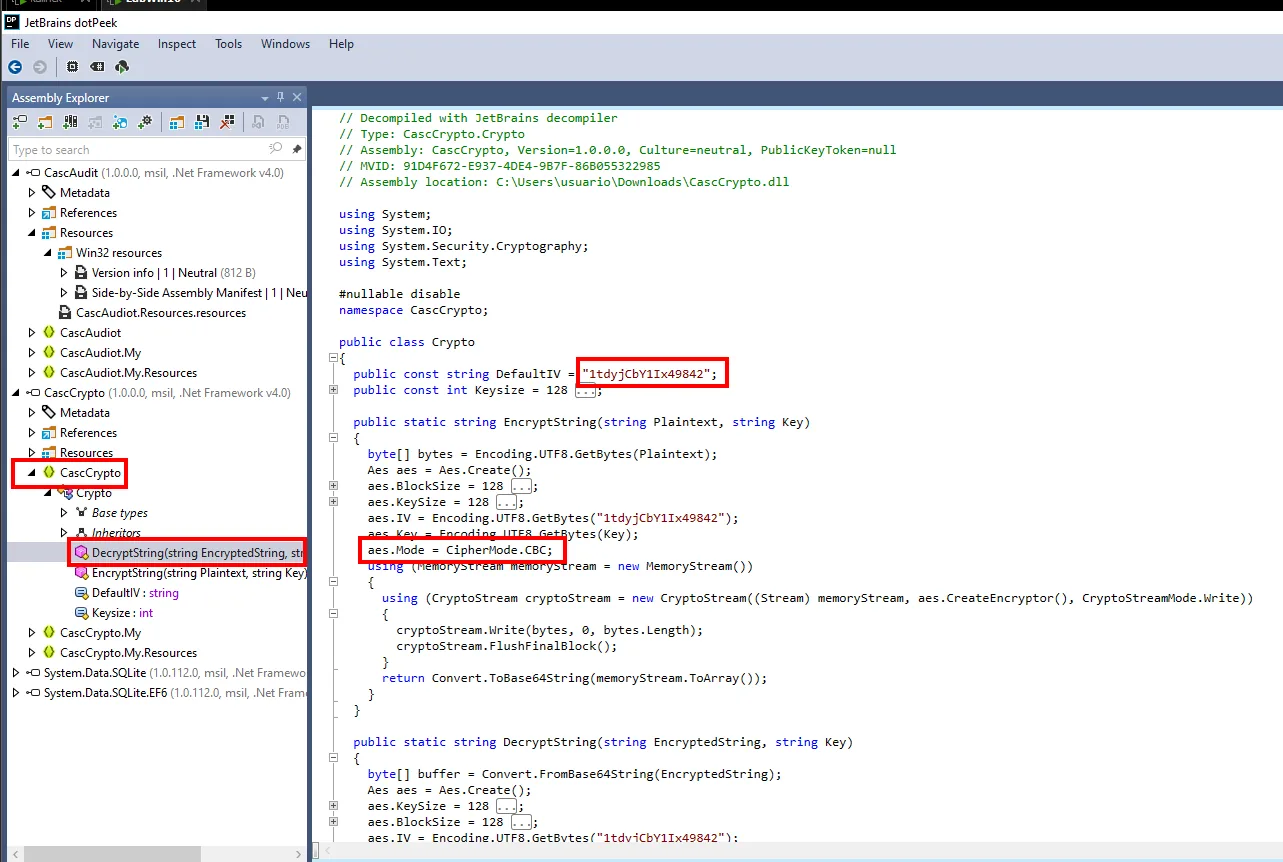 dotPeek muestra CascCrypto usando AES-CBC con IV embebido