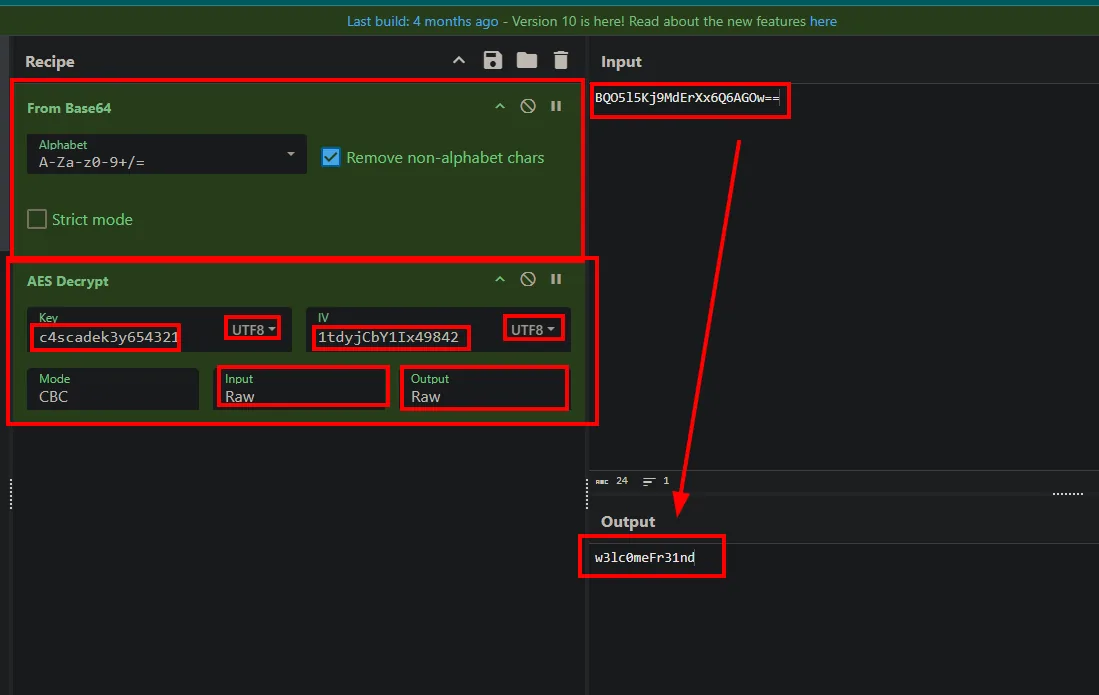 CyberChef descifra la contraseña de ArkSvc: w3lc0meFr31nd
