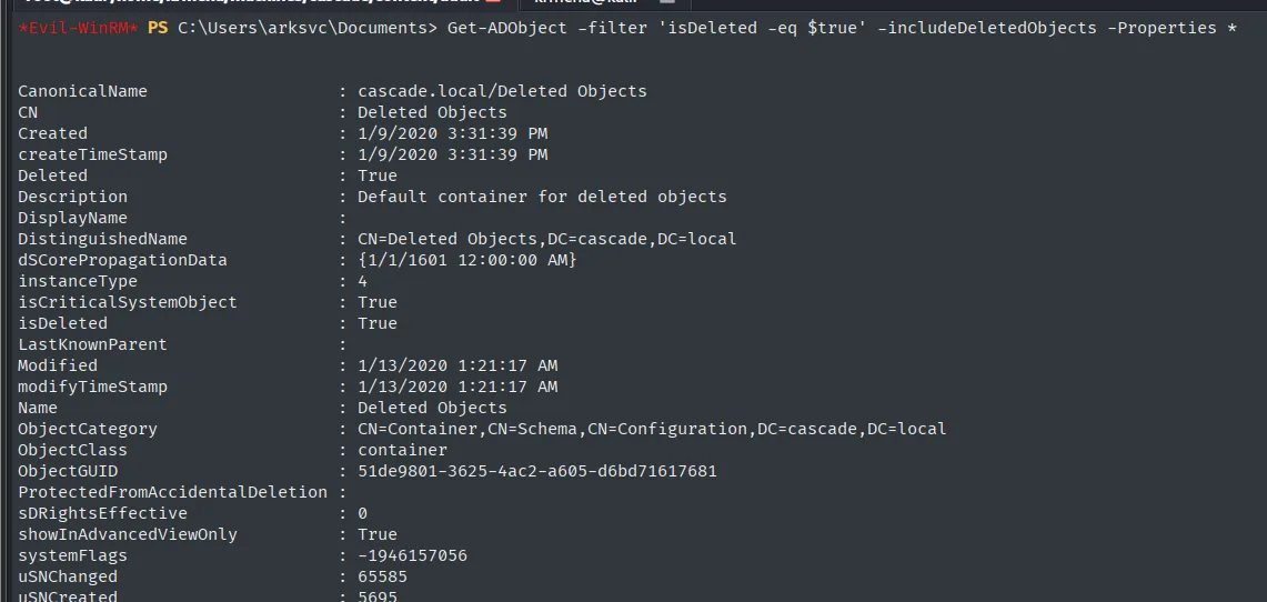 Get-ADObject lista el contenedor de objetos borrados