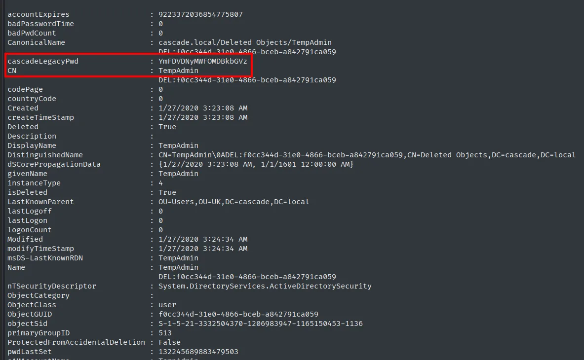 El objeto borrado TempAdmin conserva su cascadeLegacyPwd