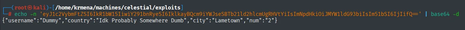 el echo de la cookie pasado por base64 -d devuelve el objeto JSON con username, country, city y num