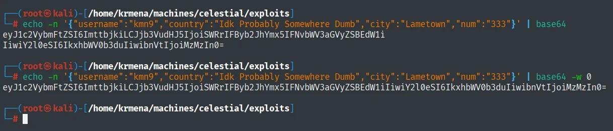 base64 parte la salida en dos líneas; con -w 0 sale en una sola