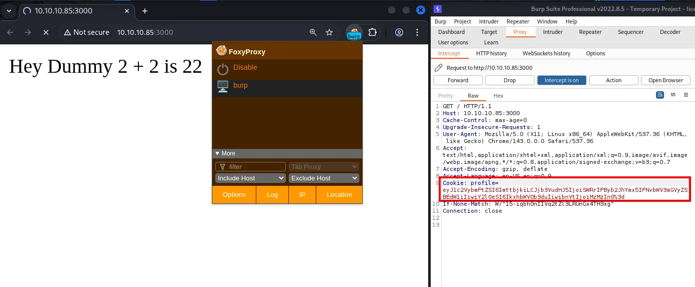 la web refleja "Hey Dummy 2 + 2 is 22" y en Burp se ve la cookie profile en base64