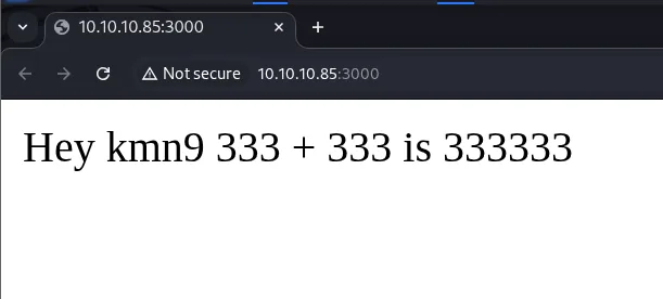 la web refleja "Hey kmn9 333 + 333 is 333333"