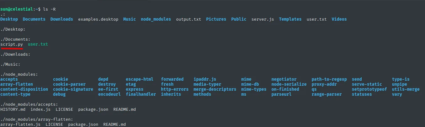 ls -R en el home de sun: node-serialize dentro de node_modules y script.py en Documents