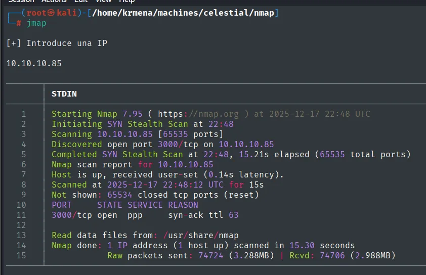 el escaneo SYN completo descubre un unico puerto abierto, el 3000/tcp con syn-ack ttl 63
