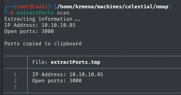 extractPorts resume el escaneo: IP 10.10.10.85 y el unico puerto abierto, el 3000