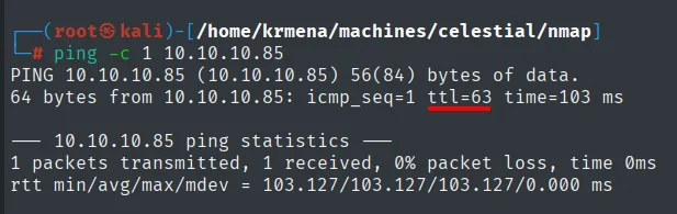 ping a 10.10.10.85 con ttl=63