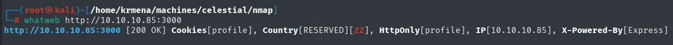 whatweb sobre el 3000 revela la cookie profile marcada como HttpOnly y la cabecera X-Powered-By de Express