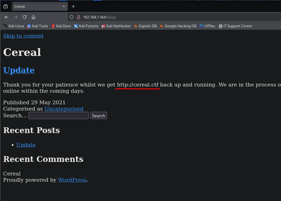 el /blog se ve sin estilos, en HTML plano; el post Update menciona http://cereal.ctf, resaltado