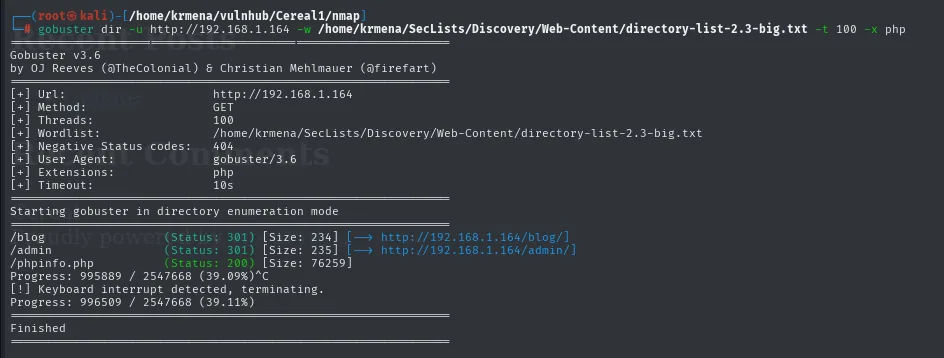 gobuster confirma /blog, /admin y /phpinfo.php, y se interrumpe al 39% del diccionario