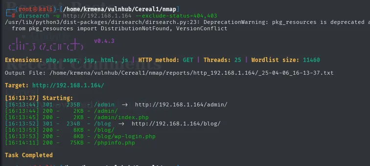 dirsearch encuentra /admin, /admin/index.php, /blog, /blog/wp-login.php y un phpinfo.php de 75 KB