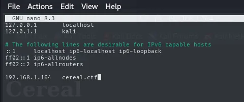 el /etc/hosts en nano con la línea 192.168.1.164 cereal.ctf añadida al final
