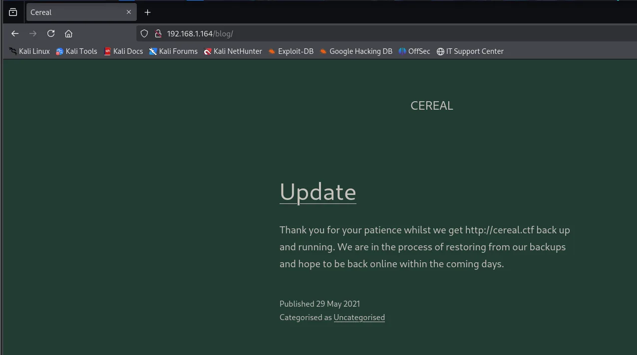 el mismo /blog ahora con su tema aplicado, fondo verde y el post Update centrado