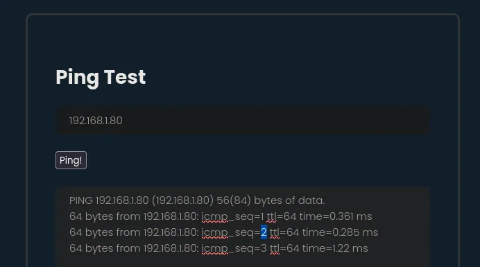 el panel Ping Test con nuestra IP 192.168.1.80 en el campo y la salida del ping mostrando tres respuestas con ttl=64