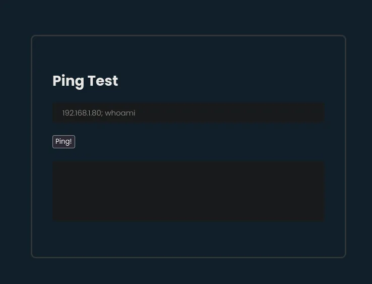 el panel Ping Test con el valor 192.168.1.80; whoami escrito en el campo, antes de pulsar Ping!
