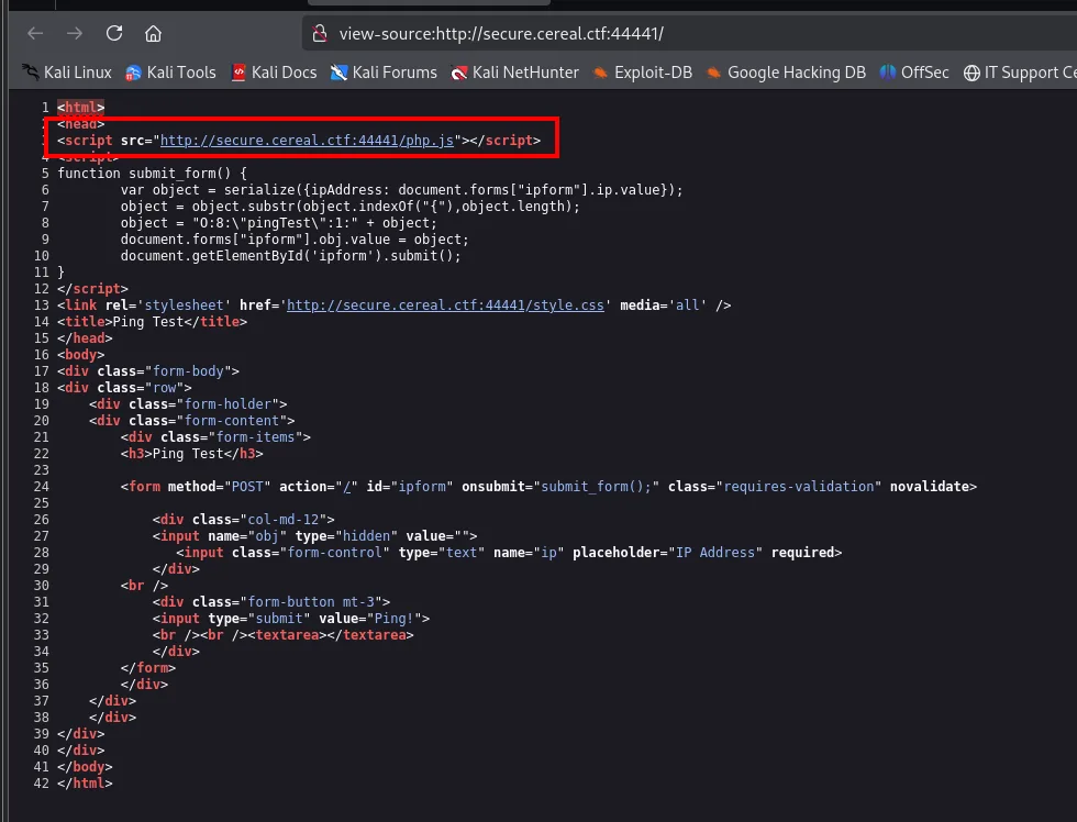 el view-source del panel: carga php.js y define submit_form(), que serializa un objeto con ipAddress, le antepone O:8:"pingTest":1: y lo mete en el campo oculto obj