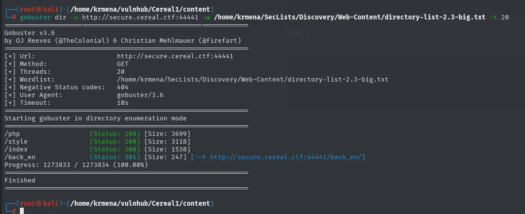 gobuster sobre el subdominio recorre el diccionario entero y encuentra /php, /style, /index y, al final, /back_en