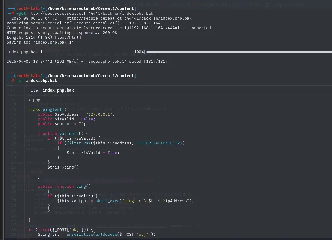 el wget descarga los 1814 bytes del index.php.bak y el cat muestra la clase pingTest con sus funciones validate y ping, y el unserialize del parametro obj al final