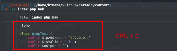 el cat del index.php.bak con la declaración de la clase pingTest y sus tres propiedades resaltadas en rojo, junto a la anotación CTRL + C
