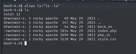 el ls -la del directorio muestra back_en, index.php, php.js y style.css, todos propiedad de rocky:apache