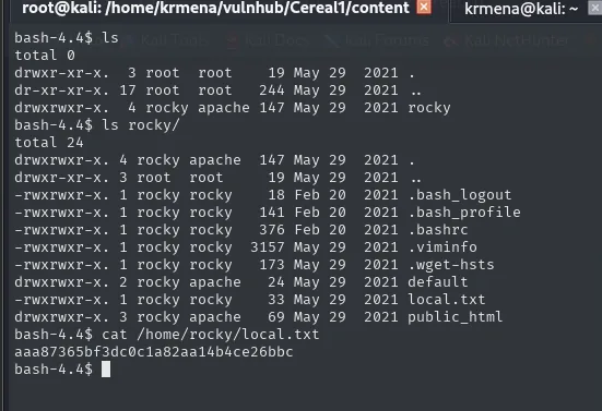 el listado de /home/rocky muestra local.txt y public_html, y el cat devuelve la flag de usuario