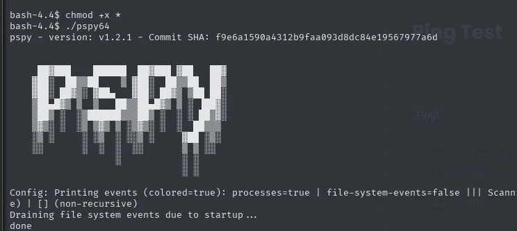 pspy 1.2.1 arranca con su banner ASCII y empieza a imprimir eventos de procesos