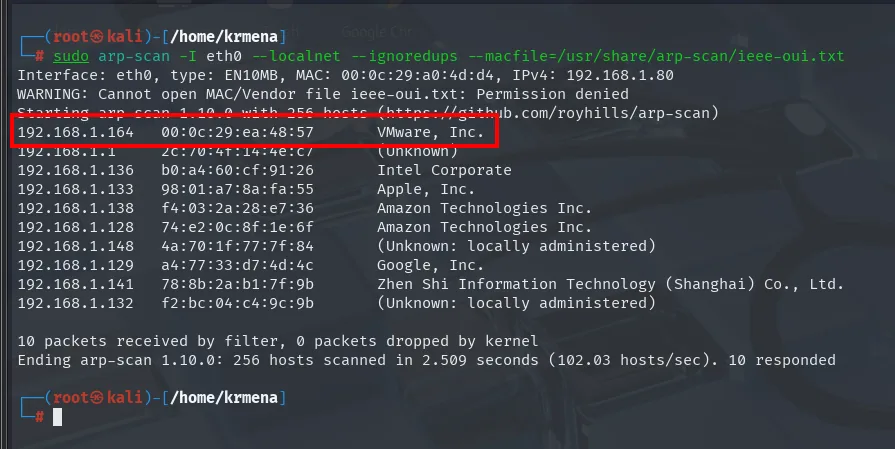 arp-scan devuelve diez hosts de la red local; la 192.168.1.164 aparece resaltada con la MAC 00:0c:29:ea:48:57 de VMware Inc.