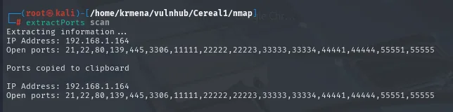 extractPorts devuelve IP Address 192.168.1.164 y la lista completa de catorce puertos, copiada al portapapeles