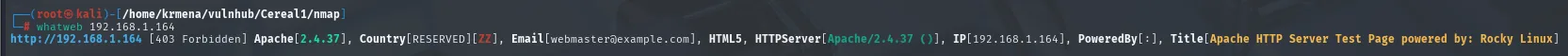 whatweb sobre el 80 devuelve 403 Forbidden con Apache 2.4.37 y el título Apache HTTP Server Test Page powered by: Rocky Linux